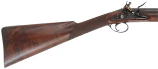 Flint Fowling Gun,
24 gauge, 30-1/2" octagon-to-round barrel,
flintlock, checkered walnut, iron trim,
used, by Ron Paull Flint Fowling Gun,
24 gauge, 30-1/2" octagon-to-round barrel,
flintlock, checkered walnut, iron trim,
used, by Ron Paull